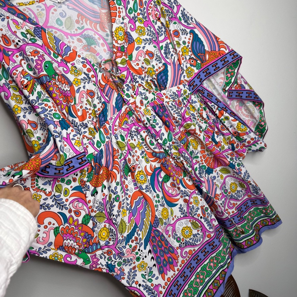 D6 Trina Turk Peacock Floral Print Kaftan Swim Cover Up Kimono Sleeve M - Picture 6 of 10